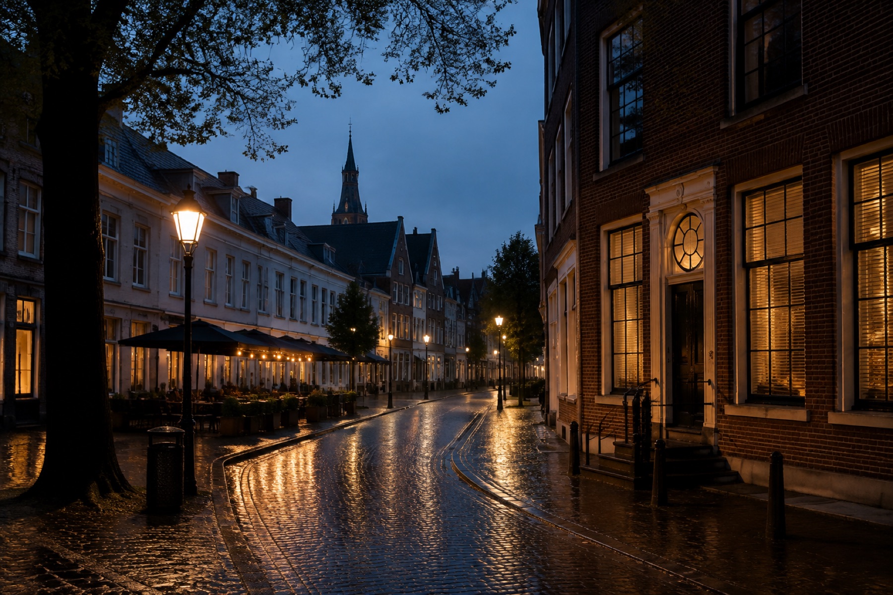 Natte klinkerstraat bij schemer, verlichte caféramen en een kerktoren op de achtergrond