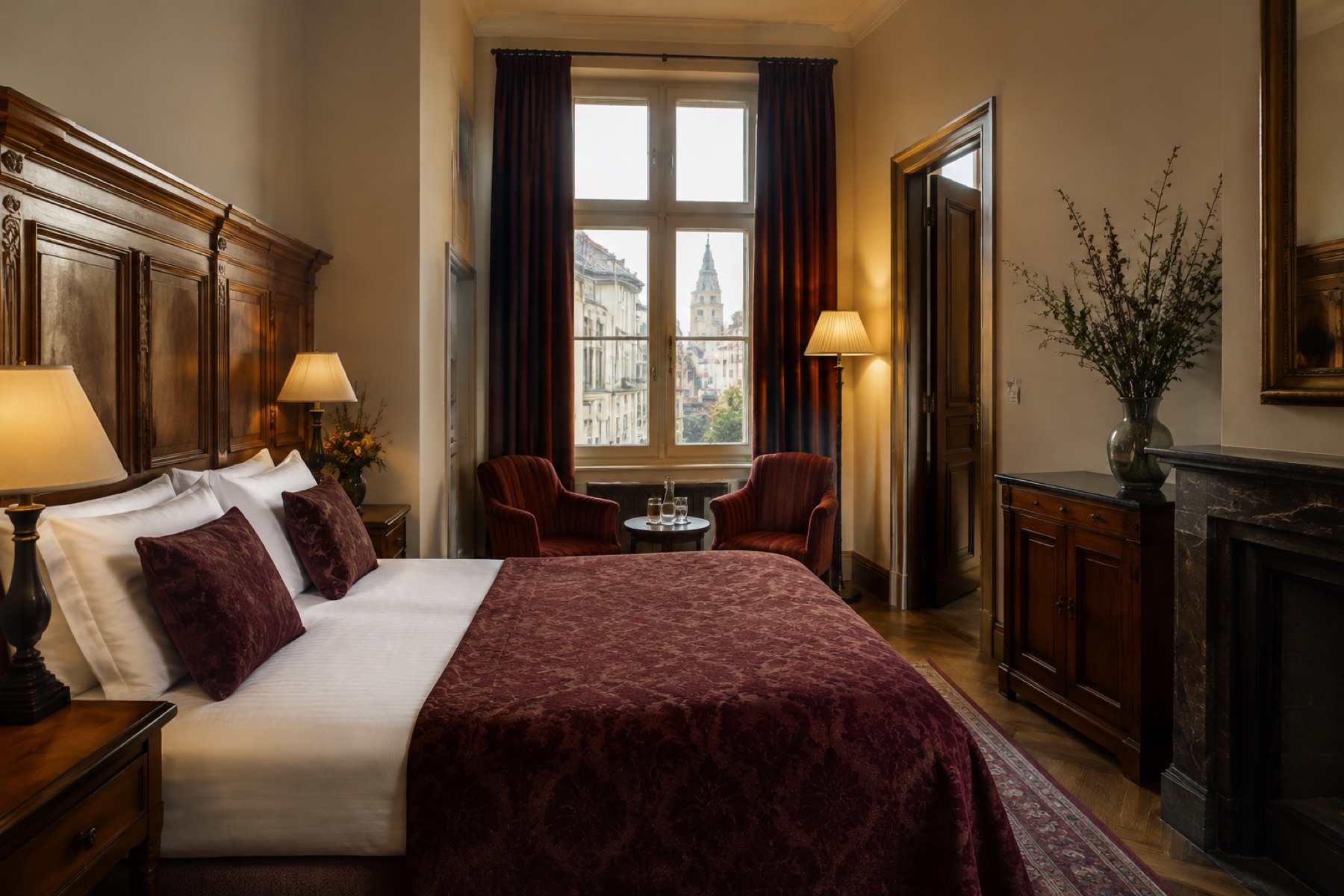 Hotelkamer met donker houten hoofdbord en dieprode sprei