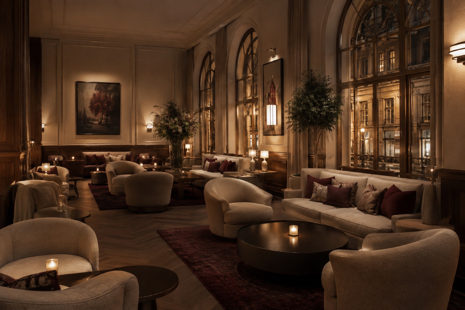 Hotellounge met lage fauteuils, kleed en gedempte lampen